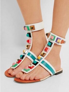 Fendi White Leather Multi-Stud Ankle Strap Flat Sandals with Multicolor Accents